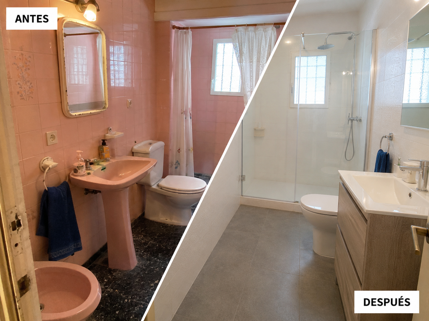 Baño con materiales cálidos y mueble suspendido en Barcelona