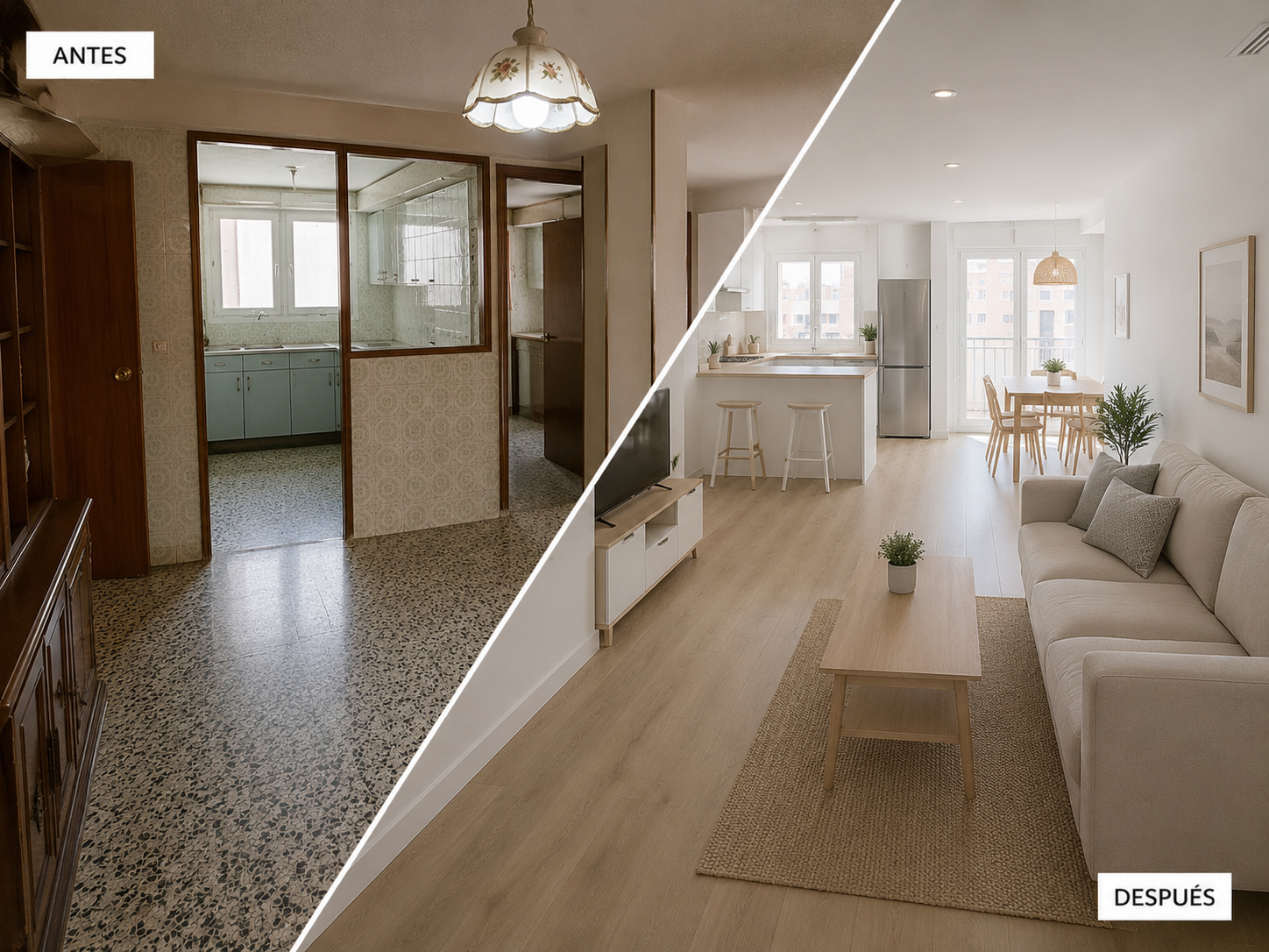 Cocina contemporánea reformada con distribución optimizada y acabados neutros