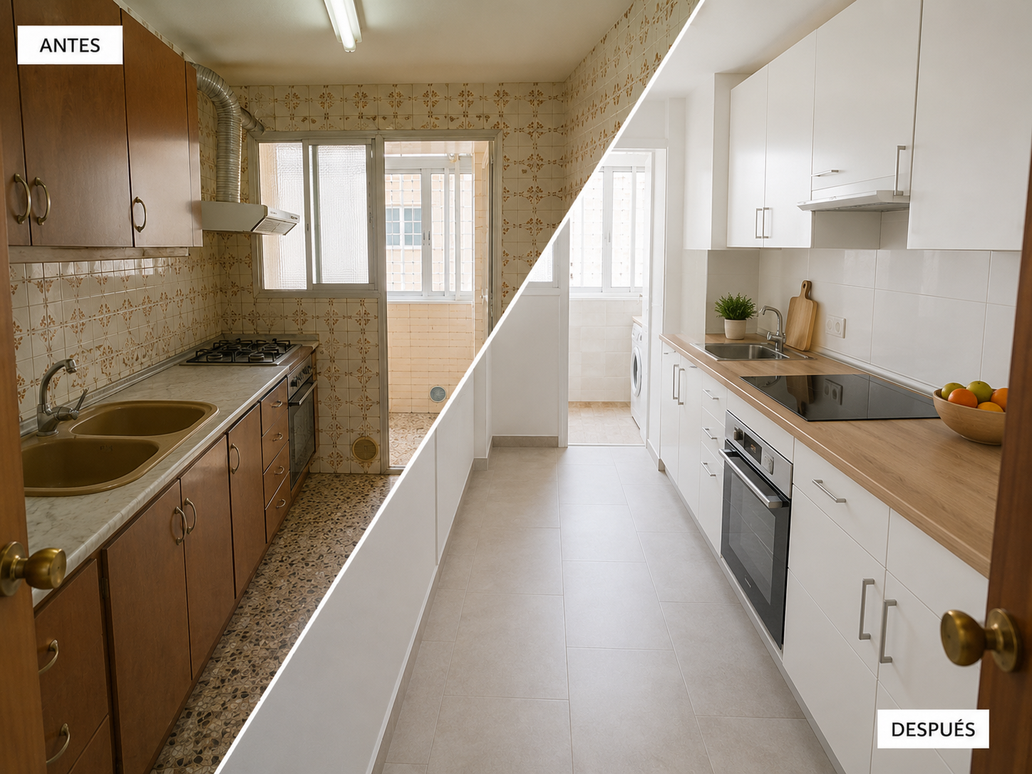 Detalle de cocina reformada con mobiliario, encimera e iluminación integrada